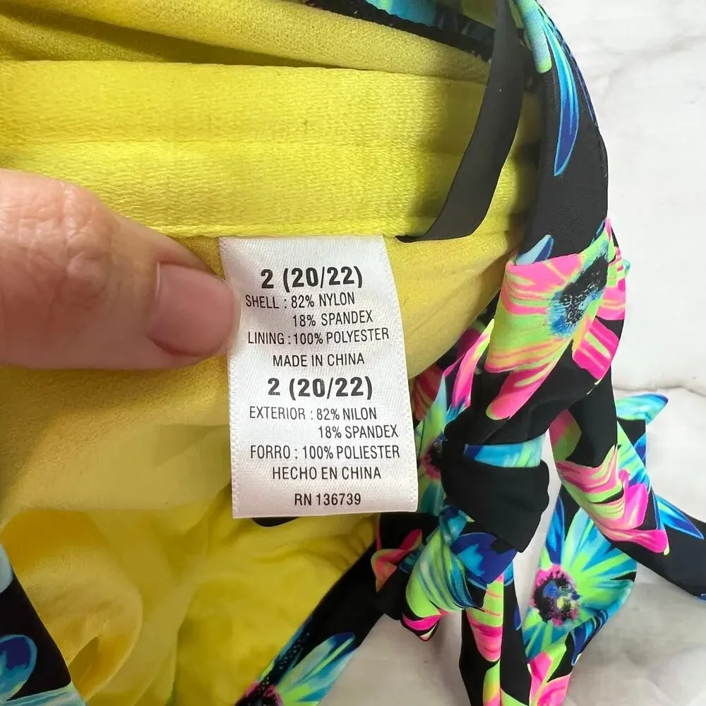 California Waves Plus Gerber Daisy Bikini Top Black Neon Size 2 (20/22) New V